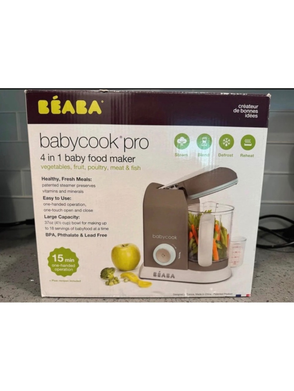 BÉABA Babycook Pro 4-in-1 Baby Food Maker with Steamer, Blender, Defrost, and Re